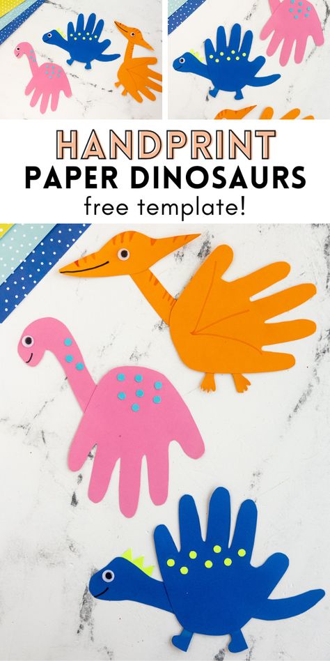 This Handprint Dinosaur Craft is a simple activity for kids of all ages! Grab some colorful paper, our free template and other basic craft supplies to create these friendly dinos! Handprint Dinosaur, Diy Geometric Decor, Dinosaur Crafts Preschool, Dino Craft, Dinosaur Craft, Diy Osterschmuck, Home Decor Artwork, Dinosaur Cards, Dinosaur Activities