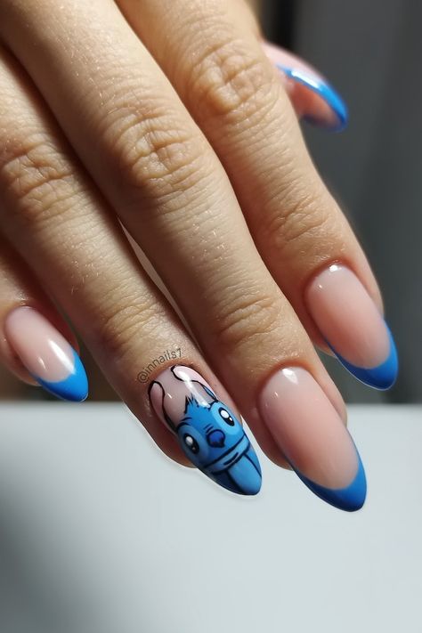 Nail art, lilo and stitch, stitch, blue nails, art, 2023, drawing, disney, blue french nails, french tip Disney Nails Lilo And Stitch, Animated Nails Drawing, Lilo Stitch Nails, Violet Blue Nails, Stitch Nails For Kids, Nokti French, Animation Nail Art, Stitch Nails Disney, Stitch Nail Designs