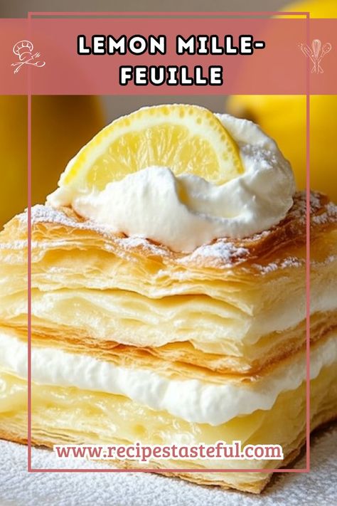 Delight in the layers of crisp puff pastry filled with a creamy lemon filling. This Lemon Mille-Feuille is a refreshing dessert that balances the rich cream with tangy lemon, making it perfect for any occasion. Lemon Pastry Cream Recipe, Lemon Puff Pastry Recipes, Lemon Puff Pastry Desserts, Lemon Eclair, Puff Pastry Filling, Puff Pastry Desserts, Lemon Filling, Lemon Pudding, Refreshing Desserts