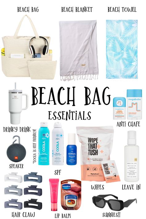 beach bag essentials for this summer ! everything is linked <3 beach bag essentials + beach + bag + summer essentials + summer + road trip + vacation + beach bag + summer bag + self care + it girl + clean girl + beach bag must haves + amazon + linked + spf + sun Travel Essentials Beach Vacations, Pool Party Bag Essentials, Beach Road Trip Essentials, Holiday Must Haves Summer, What To Pack For Beach Day, Packing List For The Beach Vacation, Pool Day Bag Essentials, Vacation Essentials List The Beach, 4 Night Beach Trip Packing