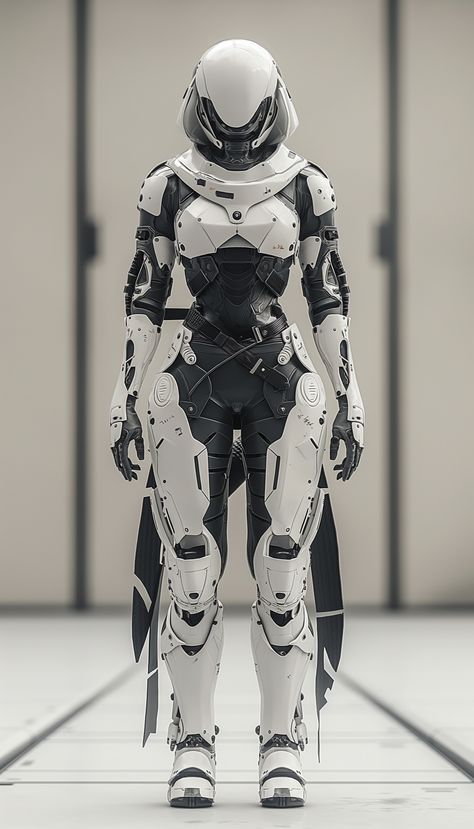 Futuristic Robotic Exosuit Standing in a Minimalist Facility Futuristic Armor Design, Scifi Suit Concept Art, Futuristic Body Armor, Sci Fi Robot Design, Robot Suit Design, Futuristic Armor Concept Art, Scifi Bodysuit, Tech Armor Suits, Exosuit Concept Art