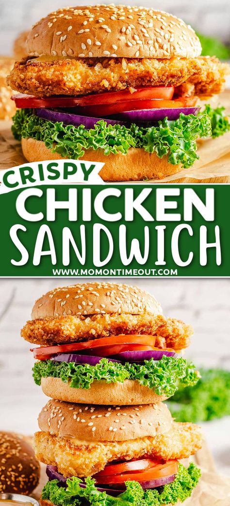 This amazing Crispy Chicken Sandwich is easy enough for a weeknight dinner and so tasty you won’t ever need to hit the drive-thru again! Extra crispy with delicious seasonings, this recipe comes together in about 15 minutes! // Mom On Timeout Diy Chicken Burgers, Diy Chicken Sandwich, Chicken Crispy Burger, Homemade Crispy Chicken Sandwich, Homemade Chicken Burgers Recipes, Healthy Crispy Chicken Sandwich, Breaded Chicken Burger Recipe, Chicken Breast Burger Recipe, Breaded Chicken Burgers