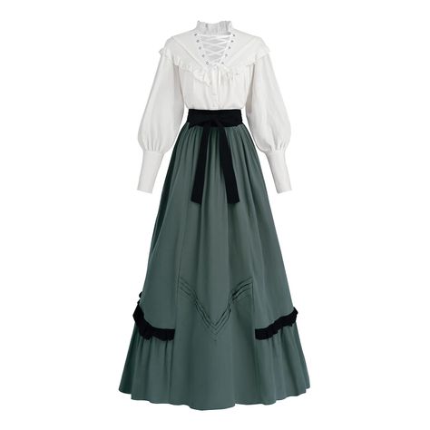 PRICES MAY VARY. 2 Piece Victorian Dress Set - The 1800s Edwardian Costume set contains a white Edwaidian blouse and a vintage skirt. The suit saves you the trouble of matching. You can also try different combinations of this blouse or skirt with your other clothes. Features - The Victorian blouse adopts a V-shaped neckline with ruffles and ribbon design, making it more retro. The skirt adopts a fixed belt and ruffled A-line skirt, which can perfectly modify your figure and show your elegant and 1900 Fashion Women Dresses, Victorian Servants Dress, Victorian Winter Clothes, Victorian Gowns Ball, Victorian Bridesmaid Dress, Victorian Era Costumes, 1800s Costume, Edwardian Ball Gown, Victorian Era Clothing