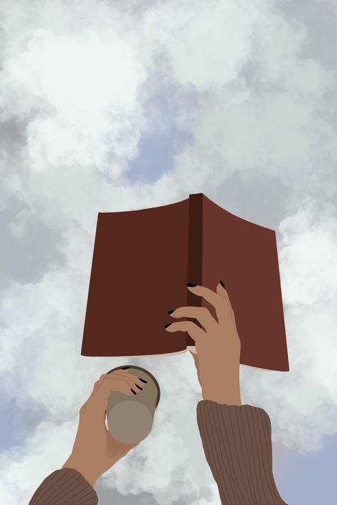 aesthetic illustration of a person holding an open book in one hand and a to-go coffee cup in another hand with the sky on top Books Aesthetic Illustration, Book Aesthetic Painting, Book Aesthetic Illustration, Coffee In Hand Aesthetic, Open Book Wallpaper, Books Drawing Aesthetic, Person Reading A Book Drawing, Bookish Pfp, Book Drawing Aesthetic