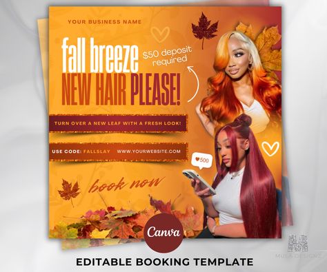 September Booking Flyer, Fall Booking Flyer, Autumn, Fall Sale, September nail Flyer, Fall Booking Flyer, Editable September booking flyer, Nails, Hair, Lash, Makeup Flyer ✔ Edit Effortlessly on Canva ✔ Canva Pro Not Required ✔ Customize Background, Text, Fonts, Design Elements, Add & Remove Images With Ease 🖤Inclusions:  ◾ Editable Ig Post    ◾ 1 PDF With A Direct Download Link 📄Please Read: These templates are exclusively digital. No physical products will be shipped. Please utilize your tablet, phone, or laptop to access and download the PDF via the provided link. Ensure that you download the templates directly from the Etsy website, as Etsy downloads are not accessible through the Etsy mobile app. ⚠ Usage Disclaimer: Templates are intended for personal use only and are not for resale New Fall Arrivals Sign Boutique, Fall Hair Promotions, Fall Hair Sale Flyer, November Hair Flyer, Fall Hair Flyer, Fall Website Design, Fall Flyer Design, Business Flyer Design Ideas, Booking Flyer Design