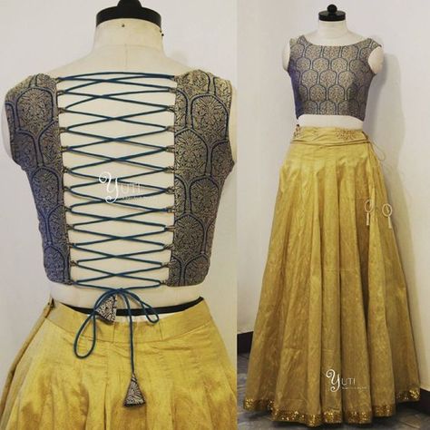 Criss Cross Blouse Design, Backless Blouse Designs For Lehenga, Blouse Designs For Saree, Criss Cross Blouse, Cross Knot, Gold Lehenga, Blouse Designs High Neck, Backless Blouse Designs, Traditional Blouse Designs