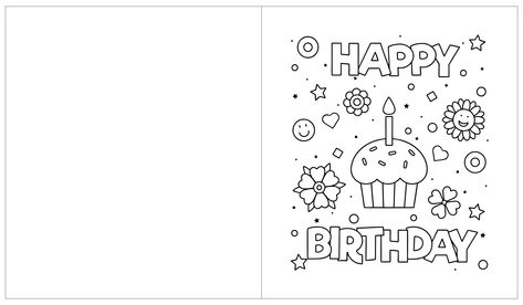 Free Printable Birthday Cards To Color For Adults Colouring Birthday Card Printable, Happy Birthday Coloring Card, Happy Birthday Coloring Pages For Adults, Free Printable Birthday Cards To Color, Birthday Card Coloring Printable, Birthday Card Templates Printable Free, Black And White Birthday Nails, White Birthday Nails, Printable Birthday Cards Free