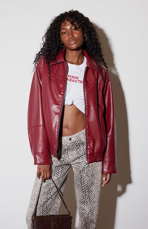 PacSun Faux Leather Bomber Jacket | PacSun 2024 Jacket Trends, Red Leather Jacket Outfit, Red Jacket Outfit, Neon Eyeliner, Leather Jacket Women, Eyeliner Makeup, Fall Fit, Leather Jacket Outfits, Fall Clothes