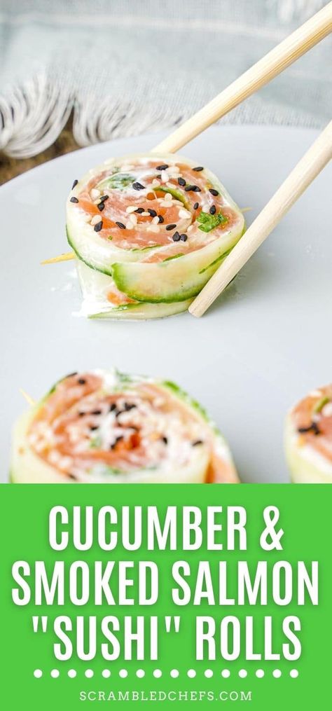 Cucumber And Salmon Rolls, Cucumber Salmon Roll Ups, Smoked Salmon Snacks Healthy, Cucumber Wrapped Sushi Rolls, Sushi Inspired Appetizers, Easy Cucumber Sushi Rolls, Smoked Salmon Cucumber Rolls, Keto Sushi Recipes, Cucumber Sushi Rolls Low Carb