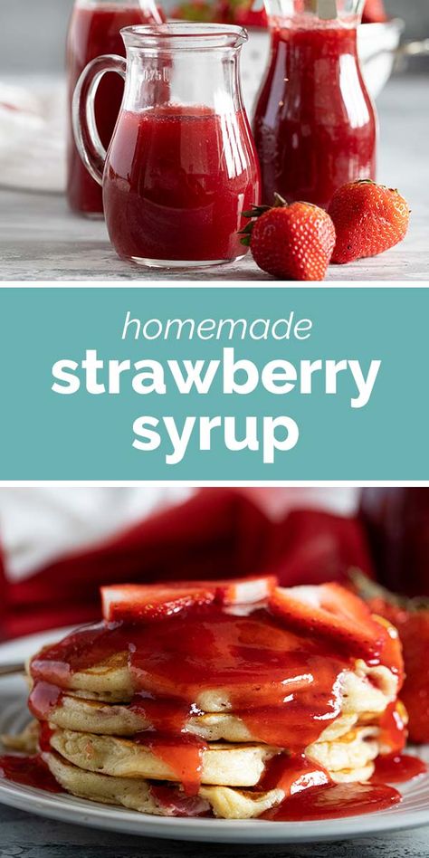 Perfect for pancakes, ice cream, or as a drink mix-in, this Strawberry Syrup recipe tastes sweet and fresh and is perfect all summer long. Strawberry Pancake Syrup, Fruit Syrup Recipe, Strawberry Syrup Recipe, Homemade Strawberry Syrup, Strawberry Syrup Recipes, Pancake Syrup Recipe, Strawberry Simple Syrup, Strawberry Pancakes, Homemade Syrup