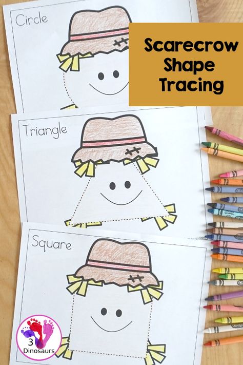 Free Scarecrow Shape Tracing Printable with 9 shapes to trace with a fun scarecrow face theme - 3Dinosaurs.com #shapetracing #shapesforkids #3dinosaurs #prek #kindergarten #freeprintable Pre K Scarecrow Activities, Scarecrow Ideas For Preschoolers, Preschool Scarecrow Craft Free Printable, Pumpkins And Scarecrows Preschool, Scarecrow Math Activities For Preschool, Scare Crow Activities For Kids, Scarecrow Theme Preschool Activities, Scarecrow Writing Kindergarten, Scarecrow Dramatic Play Preschool