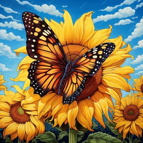 Premium Photo | Painting of a butterfly on a sunflower with a blue sky in the background generative ai Butterfly With Sunflower, Butterfly On Sunflower, Rainbow Wallpaper Iphone, Butterfly Sunflower, Sunflower Illustration, Sunflower Images, Butterfly Images, Sunflower Shirt, Blue Sky Background