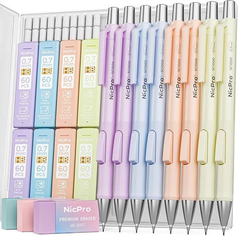 Nicpro 8 Pack 0.7mm Pastel Mechanical Pencil Set, Fast Click Aesthetic Lead Drafting Pencils 0.7 mm with 480PCS HB Lead Refills, 3 Erasers for Artist School Student Writing Drawing Sketching with Case Drafting Pencil, Pretty School Supplies, Writing Drawing, Drawing Sketching, Mechanical Pencil, Student Writing, School Organization, Mechanical Pencils, Erasers