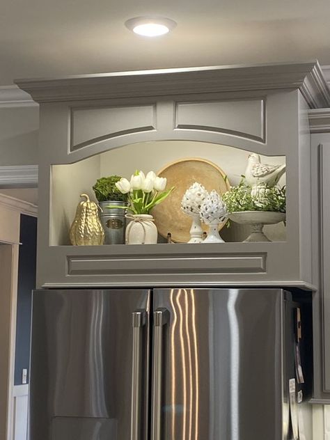 Above Bathroom Cabinet Decor, Open Concept Kitchen Decorating Ideas, Decorations Over Kitchen Cabinets, Top Of Cabinet Decor Kitchen Modern, Styling Above Refrigerator, Above Microwave Decor, End Cabinet Decor, Decorate On Top Of Fridge, On Top Fridge Decor