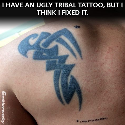 I fixed my ugly tribal tattoo. Tattoo Fixes, Tattoo Mistakes, Tato Suku, Scar Cover Up, Clever Tattoos, Tattoo Fails, Just Ink, Bad Tattoos, Tattoo Cover-up