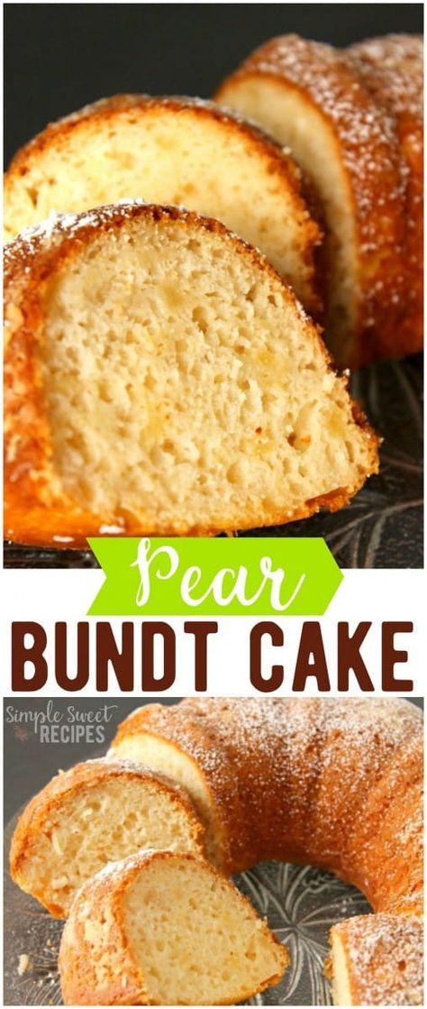 Moist and delicious, try this easy pear bundt cake that uses only 4-ingredients and can be prepped in just 5 mins! #dessert #pears #dessertrecipe #sweets #bundtcake #cake #pearcake Pear Bundt Cake, Simple Sweet Recipes, Pear Recipes Easy, Pear Cake Recipes, Pear Dessert Recipes, Easy Bundt Cake, Canned Pears, Pear Dessert, Pear Cake