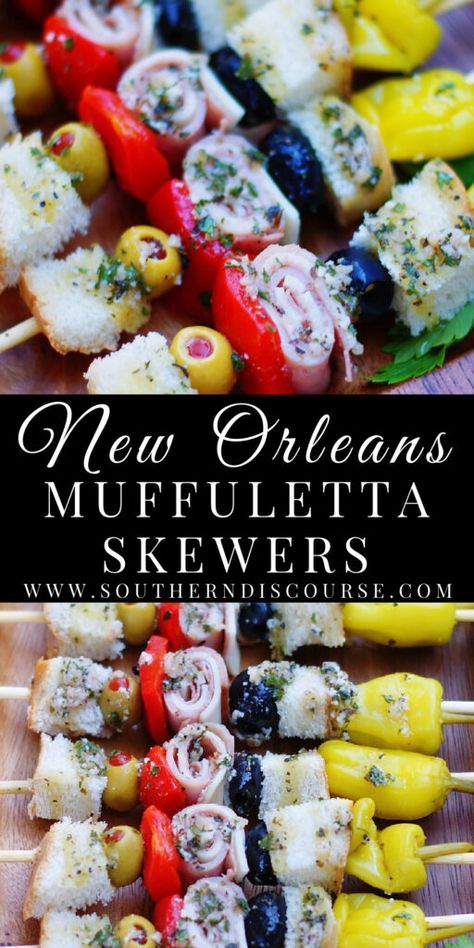 New Orleans Muffuletta Skewers | southern discourse Muffuletta Skewers, Muffuletta Recipe, Oil Vinegar Dressing, Southern Discourse, Muffuletta Sandwich, Southern Cooking Recipes, Skewer Appetizers, Olive Salad, Vinegar Dressing