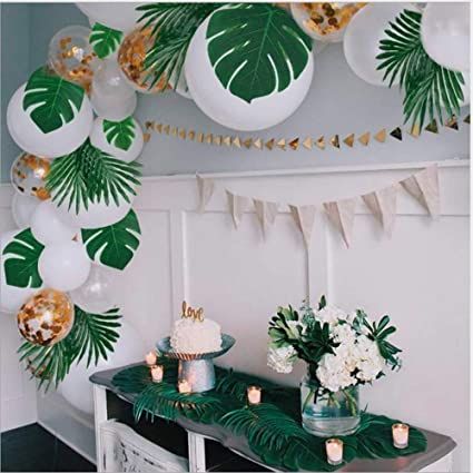 Amazon.com: CADNLY Artificial Palm Leaves Decorations - 60 pcs 6 Kinds Faux Tropical Leaves for Jungle Theme Party Supplies Safari Decorations Fake Monstera Leaf for Luau Dinosaur Hawaiian Party Decoration : Home & Kitchen Small Party Decorations, Plant Themed Party, Hawaiian Theme Party, Beach Theme Party, Jungle Beach, Tropical Birthday Party, Jungle Theme Parties, Hawaiian Party Decorations, Wild Party