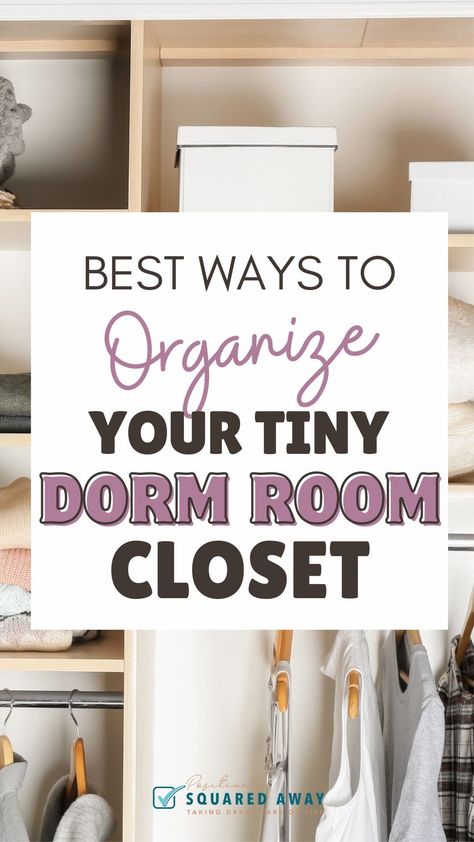 Discover the best tips for organizing your dorm closet to maximize space in your college dorm room. From clever storage solutions to efficient organization hacks, make the most of your limited closet space with these genius ideas. Dorm Room Closet Organization Ideas, Dorm Clothing Organization, Dorm Clothing Storage, Space Saving Dorm Ideas, Dorm Room Storage Hacks, Dorm Clothes Organization, Dorm Curtain Hacks, College Closet Organization Ideas, Dorm Makeup Organization