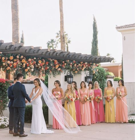 Spring Bridal Colors, Sunset Themed Wedding Bridesmaid Dresses, Spring Sunset Wedding, Pink Orange And Yellow Bridesmaids, Pink And Orange Bridal Party, Sunset Color Palette Wedding Flowers, Sunset Color Palette Wedding Bridesmaid, Sunset Colour Wedding, Sunset Color Scheme Wedding