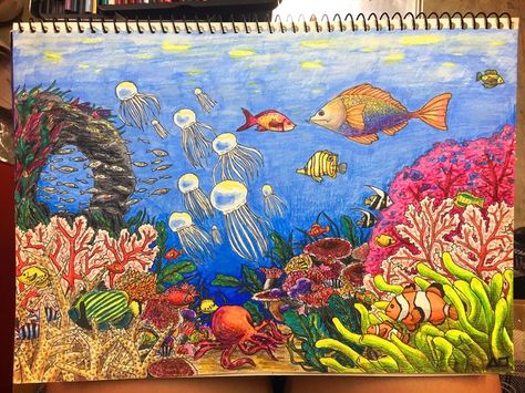 Water Fish Drawing, Coral Reef Painting, Under The Sea Drawings, Coral Reef Drawing, Reef Painting, Underwater Drawing, Coral Painting, Ocean Drawing, Sea Drawing