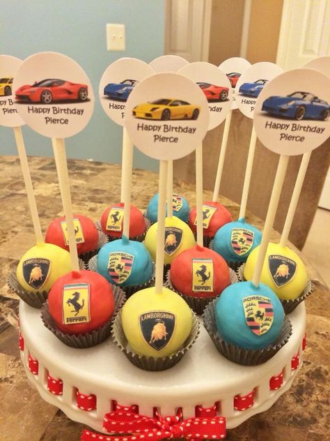 Sports car themed cake pops. Lamborghini, Ferrari, Porsche cake pops for car enthusiasts. Sports Car Birthday Party Ideas, Car Cake Pops, Sports Car Cake, Porsche Cake, Car Themed Cake, Cars Cake Pops, Themed Cake Pops, Car Themed Parties, Car Birthday Theme