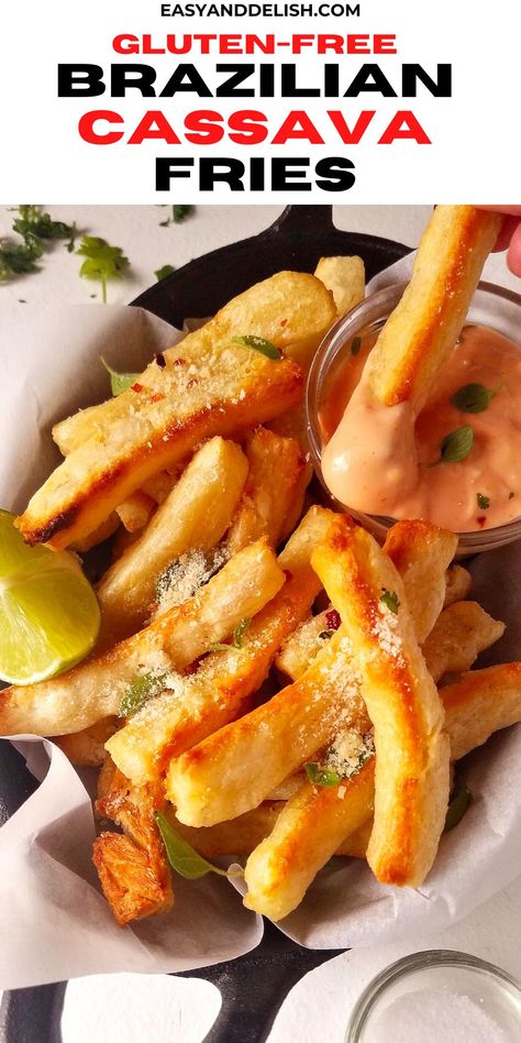 Cassava Recipes Healthy, Vegan Yucca Recipes, Cassava Fries Recipe, Cassava Recipes, Cassava Fries, Brazilian Snacks, Yuca Fries, Yucca Recipe, Yuca Recipes