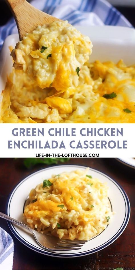 Green Chile Chicken Enchilada Casserole Cream Cheese Rice, Chile Verde Chicken, Green Chili Chicken Enchilada Casserole, Green Chicken Enchilada Casserole, Green Chile Chicken Enchilada Casserole, Rice Casseroles, Mexican Casseroles, Chicken Sour Cream, Crowd Recipes