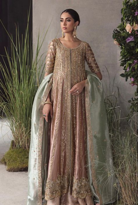 Champagne Pakistani Dress, Pastel Pakistani Outfit, Mehendi Outfits Sisters, Pakistani Bridesmaids Outfits, Walima Outfit, Valima Dress, Pakistani Bridal Couture, Eastern Wear, Walima Dress