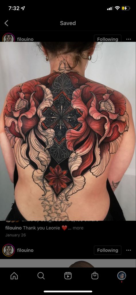 Full Body Piece Tattoo, Black And White Realistic Tattoos, Neotrad Back Piece, Back Tattoo Women Colorful, Tattoos For Women Full Body Ink, Full Back Tattoo Women Color, Neo Ornamental Tattoo, Neo Trad Back Tattoo, Ornamental Tattoo Color