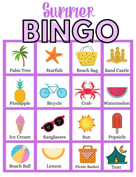 Summer Bingo Printable Free, Bingo Printable Free, Picnic Nature, Summer Bingo, Bingo Games For Kids, Space Crafts For Kids, Bingo For Kids, Holiday Worksheets, Printable Games For Kids