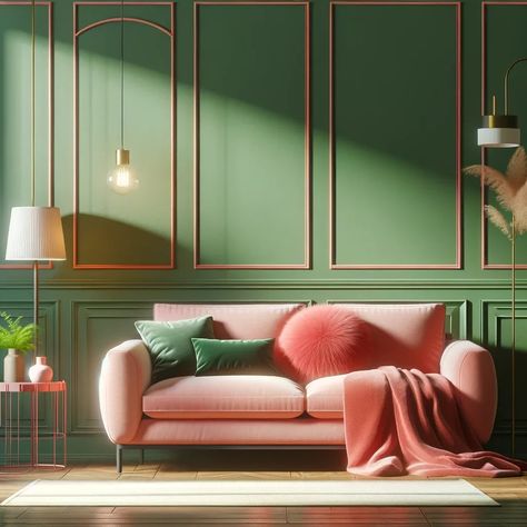 green walls with coral pink furniture Green Wall Pink Sofa, Pink Walls Green Trim, Pink Living Room Walls, Pink Painted Walls, Furniture Colors, Orange Furniture, Green Dresser, Dark Green Walls, Pink Furniture