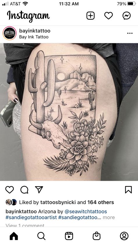 Desert Arm Tattoo, Desert Leg Sleeve Tattoo, Desert Scene Tattoo Sleeve, Arizona Flower Tattoo, Arizona Themed Tattoos, Arizona Inspired Tattoos, Desert Tattoo Ideas Arizona, Moab Tattoo, Traditional Desert Tattoo