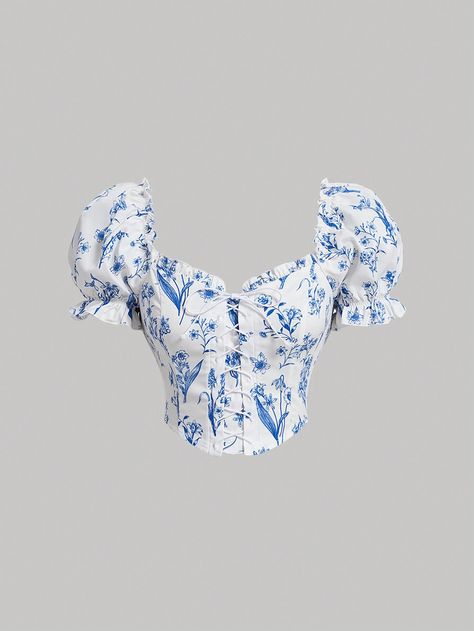 Blue and White Boho Collar Short Sleeve Woven Fabric Floral,Plants,All Over Print Top Embellished Slight Stretch  Women Clothing Blue Ruffle Top, Corset Outfits, Holiday Dates, Hi Fashion, White Floral Top, Cute Dress Outfits, Blue And White Floral, Fabric Floral, Women Blouses