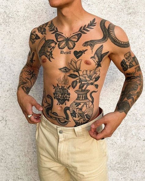 Do you like these? - Tattoo Model: @danielgfrank ✒ Tattoos by @hbnielsentattoo - Tag, like, comment, share. 🙏🏻💯 . . . . ➖➖➖➖➖➖➖➖… Tattoos Torso, Abdomen Tattoo, Traditional Black Tattoo, Small Chest Tattoos, Wolf Tattoo Sleeve, Torso Tattoos, Tattoo Inspiration Men, Cool Chest Tattoos, Chest Piece Tattoos