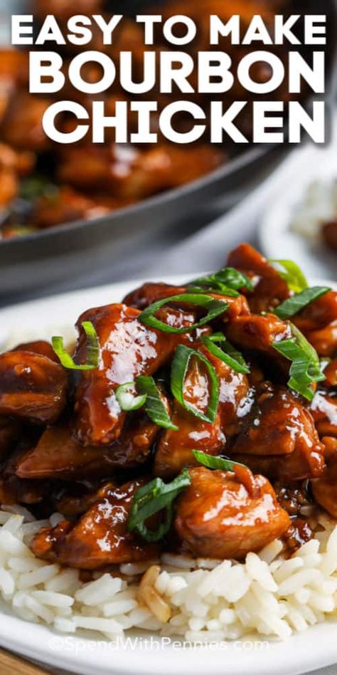 Bourbon chicken is an easy homemade version of a food-court favorite! Chicken thighs are tossed in a tangy sauce and served over rice for the perfect copy-cat version! #spendwithpennies #bourbonchicken #maindish #recipe #chinese #foodcourt Fenugreek Benefits, Bourbon Chicken Recipe, Chicken Chinese, Chicken Dance, Chinese Chicken Recipes, Chinese Food Recipes, Fast Dinner, Bourbon Chicken, Casserole Easy