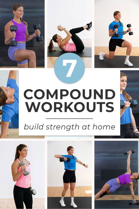 Challenge your total body strength and endurance with seven of the best full body compound workouts for women. Compound workouts engage multiple muscle groups at once. This functional style of training is perfect for anyone with a busy schedule. Train every major muscle group in at home with just a set of dumbbells. Compound Workouts For Women, Compound Exercises For Women, Women Build Muscle, Compound Workouts, Pregnancy Ab Workout, Barre Workout Video, Pregnancy Workout Videos, Fitness Queen, Hiit Workout Videos