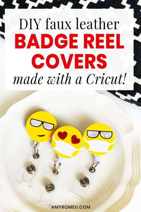 DIY Badge Reel Cover with Emoji Masks made with a Cricut. Step by step tutorial and SVG cut file at amyromeu.com Diy Badge Reel, Emoji Mask, Badge Holders Diy, Nurse Crafts, Badge Reels Diy, Diy Nursing, Badges Diy, Reel Cover, Cricut Explore Projects