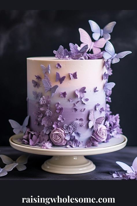 Butterfly Theme Cake, Purple Butterfly Cake, Bolo Rapunzel, Butterfly Wedding Cake, Purple Cakes Birthday, Butterfly Birthday Cakes, Sweet 16 Birthday Cake, Purple Cakes, Sweet 16 Cakes