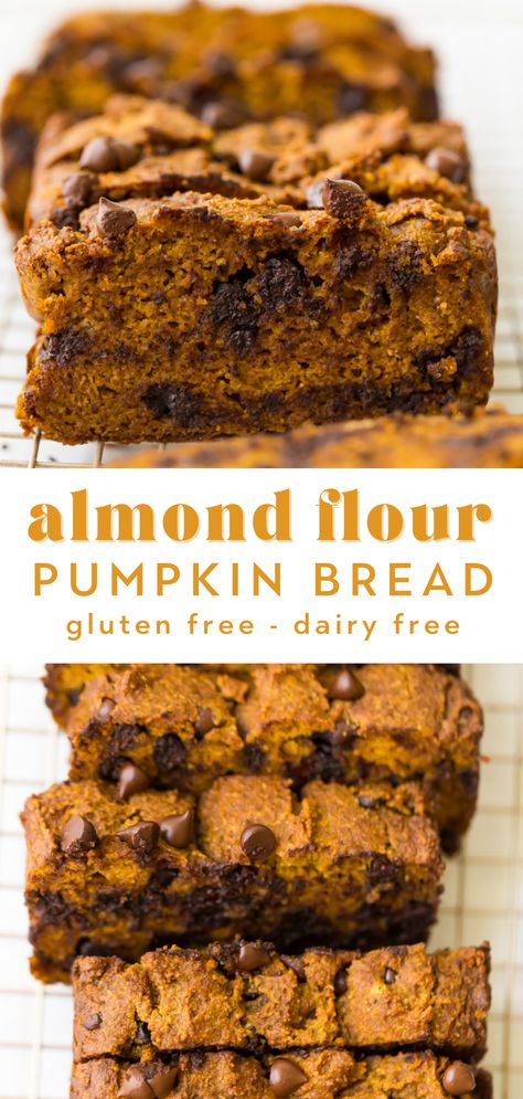 This Paleo Pumpkin Bread is incredibly moist with a chocolate chip surprise in each bite. Made with almond flour, pumpkin purée, and delicious fall spices, it's hard to eat just one slice! It's easy to make and gluten-free & dairy free too! Smart Sweets, Almond Flour Pumpkin, Aip Recipe, Paleo Pumpkin Bread, Healthy Pumpkin Bread, Gluten Free Pumpkin Bread, Dairy Free Pumpkin, Baking With Almond Flour, Pumpkin Chocolate Chip Bread