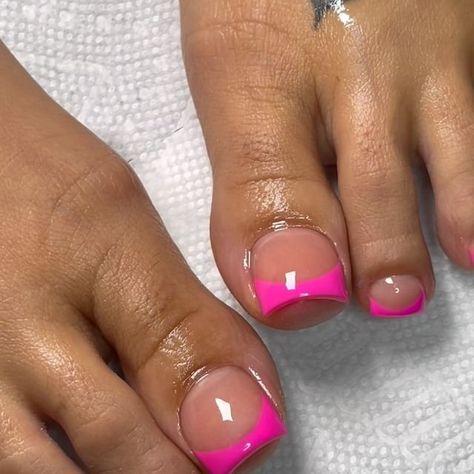 Pedicure Ideas Pink French Tips, Pedicure Ideas Matching Nails, Pedicure Pink Toenails, Hot Pink French Pedicure, Hot Pink Toes With Design, Pink French Tip Nails And Toes, Hot Pink Toes Nails, Pink Feet Nails, Pink French Tip Toenails