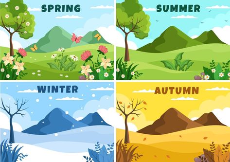 Summer Season Cartoon Images, Summer And Winter Drawing, 4 Seasons Landscape, Four Seasons Landscape, Spring Summer Autumn Winter Art, Four Season Illustration, 4 Season Illustration, 4 Seasons Illustration, Spring Vector Illustration