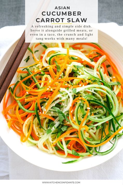 Asian Cucumber Carrot Slaw in a white bowl. Cucumber Carrot Salad, Asian Salad Recipe, Carrot Salad Recipes, Carrot Slaw, Slaw Recipes, Best Salad Recipes, Cucumber Recipes, Carrot Recipes, Side Dishes Easy