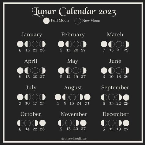 Black and white image, shows months of the year with the months moon cycle below. Witch Calander 2023, Moon Cycle Calendar 2023, Moon Calander 2023, Moon Cycle Calendar, 2023 Moon Calendar, Moon 2024, Dream Holidays, Witch Rituals, Lunar Moon