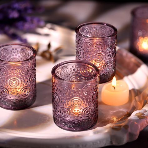 PRICES MAY VARY. 🤗【Vintage Polka-dot Design】The unique combination of dots & circles on the outside of glass candle holders can enhance vision, catch the light well, and make candlelight flicker charming. Beautiful embossed patterns can pass for boho or vintage both are a great way to add warmth to your decor. 🤗【Wedding Decorations】Purple votive candle holders are a wedding decor staple, place them on the dinner table or reception table, will bring a touch of romance and luxury. It is a beauti Witch Wedding Altar Table Love, Purple Wedding Table Runners, Purple 50th Birthday Centerpieces, Purple And Gold Masquerade Birthday Party, Gold And Purple Themed Birthday Party, Encanto Birthday Party Table Centerpieces, Enchanted Forest Candle Holders, Purple Charger Plates Wedding, Purple Rose Gold Silver Wedding