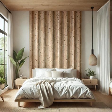 Bali-inspired bedroom design featuring a serene bamboo feature wall. Transform your space into a tranquil retreat… #UKBamboo #Bamboo #BambooInteriorDesign #Inspiration #BedroomDesign Bali Interiors Design, Bamboo Wall Bedroom, Bamboo Slats Wall, Bamboo Room Decor, Bamboo Bedroom Decor, Bali Decor Interior Design, Bali Interior Design Inspiration, Bali Inspired Bedroom, Bamboo Accent Wall