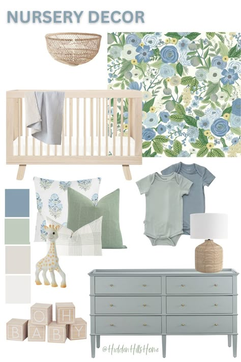 Blue and green baby girls nursery decor mood board with floral wallpaper and a wooden crib! Navy Blue And Sage Green Nursery, Dusky Blue Nursery, Dusty Blue And Sage Nursery, Pink Green And Blue Nursery, Blue Nursery Dresser, Steel Blue Nursery, Sage Green And Navy Nursery, Blue Green Master Room, Blue Green Playroom