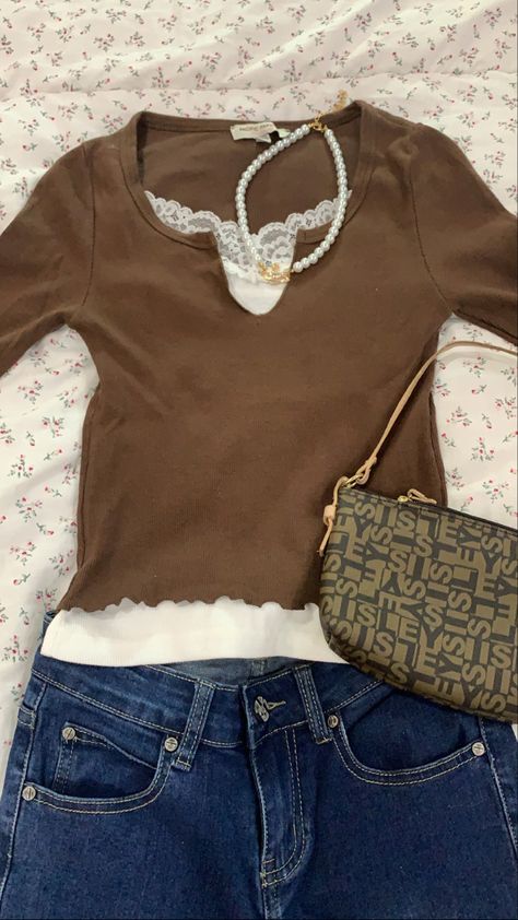 Coffee Brown Top Outfit, Lace Tank Layered Outfit, Brown Long Sleeve Outfit Aesthetic, Cute Brown Aesthetic Outfits, Tank Over Long Sleeve Outfit, Brown Sleeveless Top Outfit, Lace Tank Top Outfit Layered Y2k, Brown Long Sleeve Shirt Outfit, Lace Shirt Layering Outfit