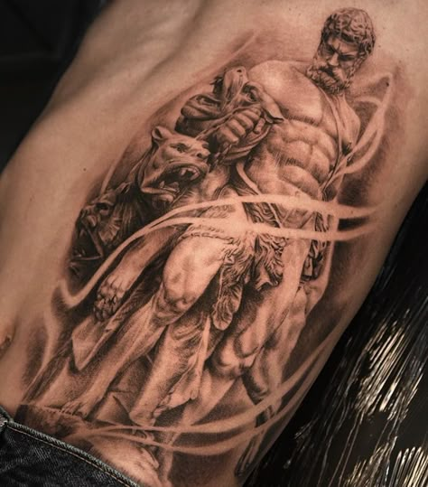 Hercules And Cerberus Tattoo, Hercules Cerberus Tattoo, Hercules Statue Tattoo, Heracles Tattoo, Hades And Cerberus Tattoo, Hercules Tattoo Mythology, Hephaestus Tattoo, Hades Tattoo Design, Greek God Tattoo Ideas