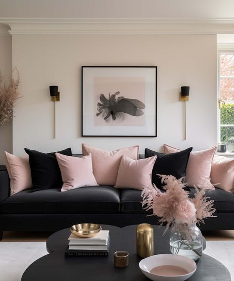 Blush Pink Cushions, Blush Living Room, Blush Pink Living Room, Black Couch Living Room, Black Sofa Living Room Decor, Black Sofa Living Room, Pink Living Room Decor, Living Room Decor Gray, Elegant Living Room Design